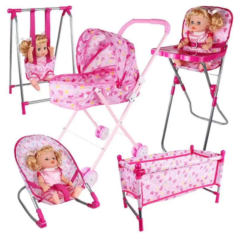 Simulation Doll Stroller Set Pink Baby Stroller Pretend Play Toys