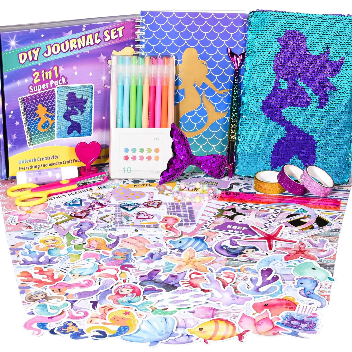 2-Pack DIY Journal Kit for Girls Ages 8-12 13 14 Year Olds Birthday Gifts for Teen Girls 110pcs Art Crafts Scrapbook Supplies for Tween Kids Kawaii Diary Stationary Set with Mermaid Sequin Journal