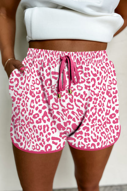 White Leopard Elastic Waistband Lace up Contrast Trim Casual Shorts