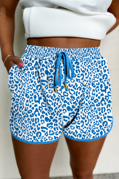 White Leopard Elastic Waistband Lace up Contrast Trim Casual Shorts
